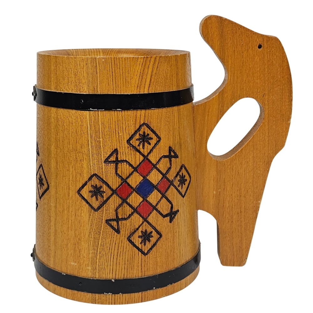 VTG Scandinavian Wood Tankard Mug Folk Art Carved Cup Rustic Cabin Core Nordic‎